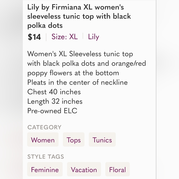 Lily by Firmiana XL women's sleeveless tunic top with black polka dots - Picture 5 of 5